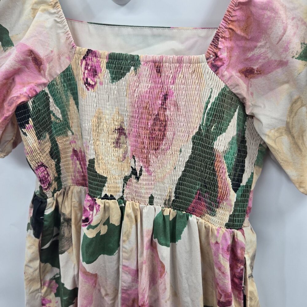 Express Cream Floral Watercolor Off Shoulder Puff Sleeve Maxi Dress Size Medium - Picture 15 of 16